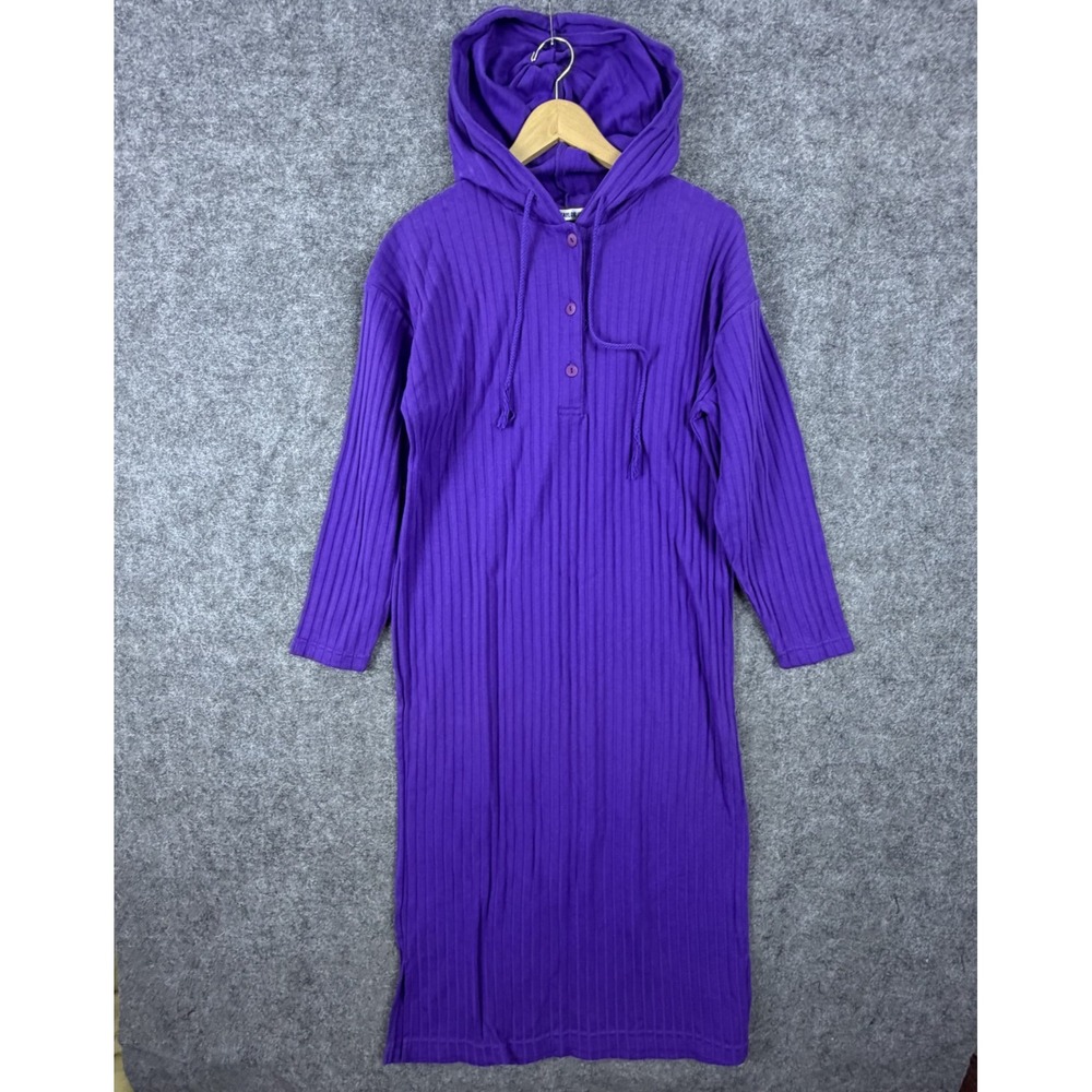 Erika Taylor Sport Sweater Dress Womens Medium Purple Ribbed Hooded Side Slit
